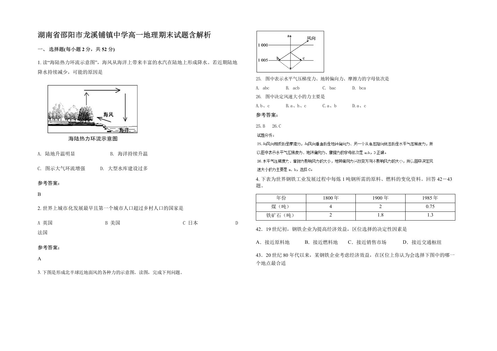 湖南省邵阳市龙溪铺镇中学高一地理期末试题含解析