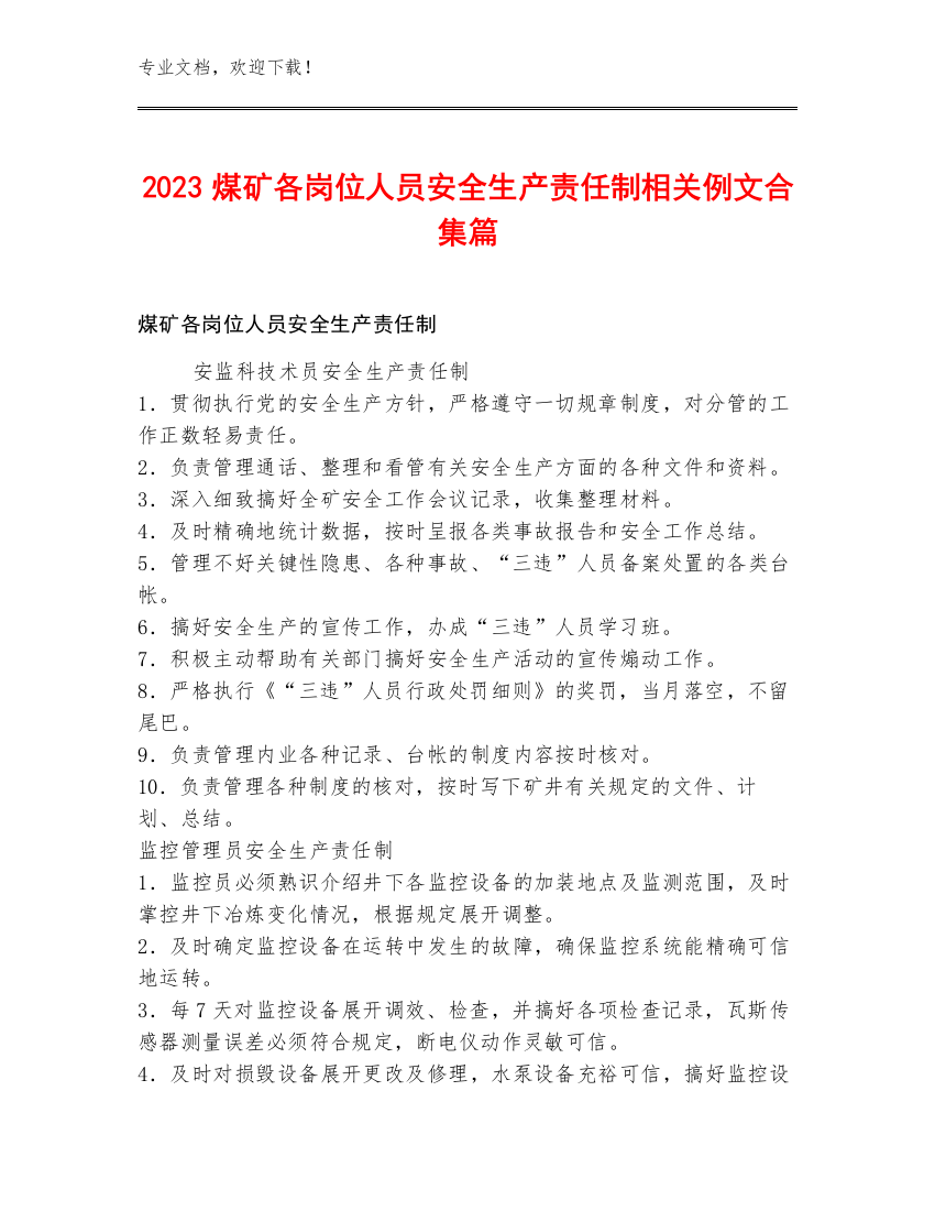 2023煤矿各岗位人员安全生产责任制例文合集篇