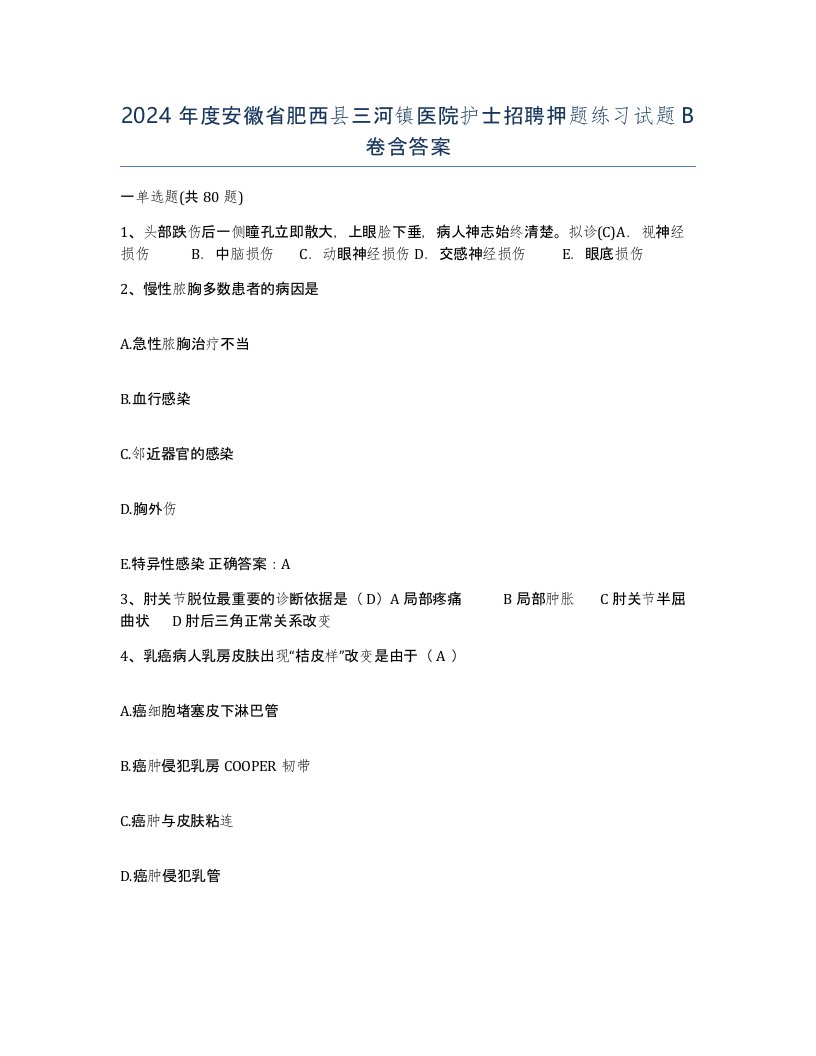 2024年度安徽省肥西县三河镇医院护士招聘押题练习试题B卷含答案