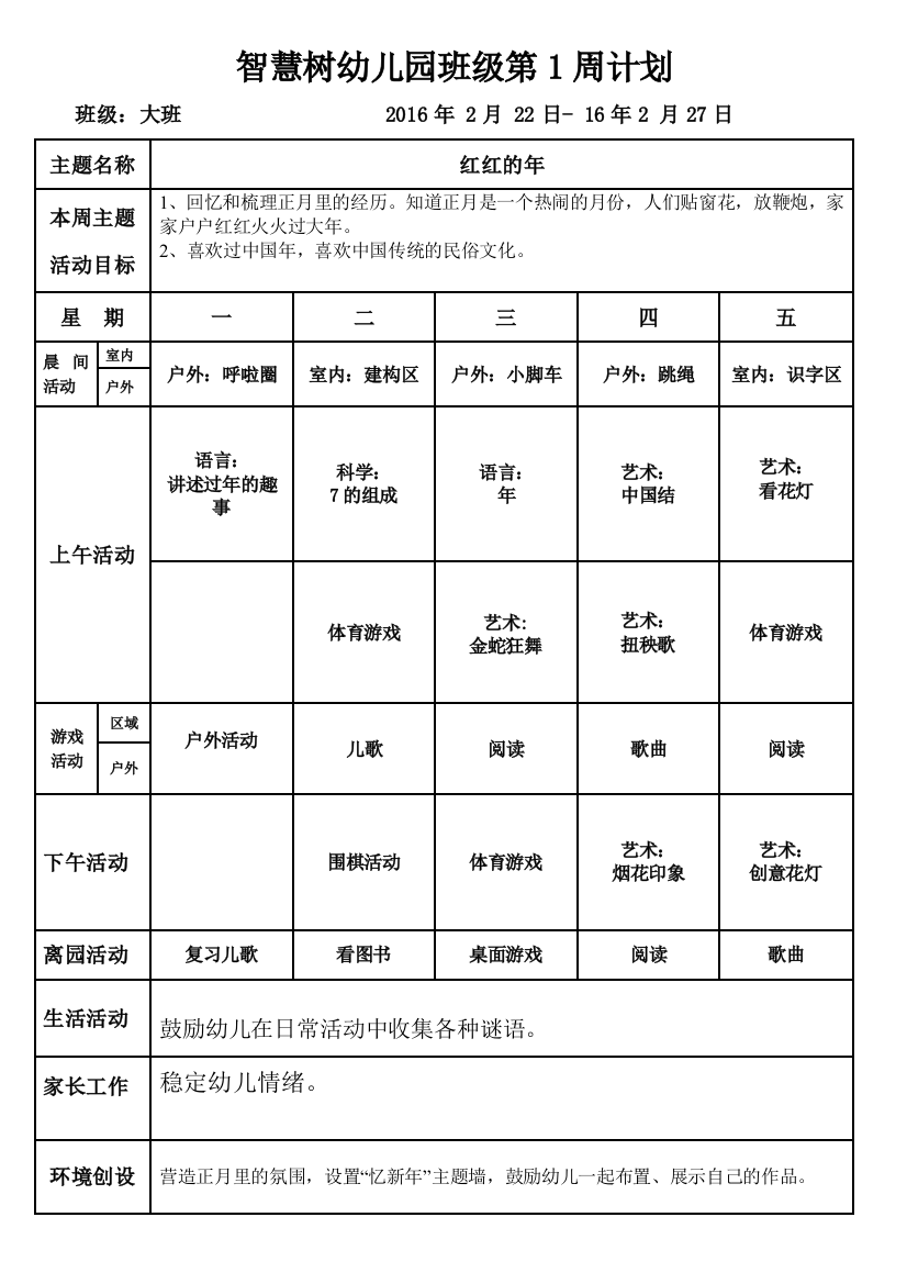 智慧树大班第二学期周计划