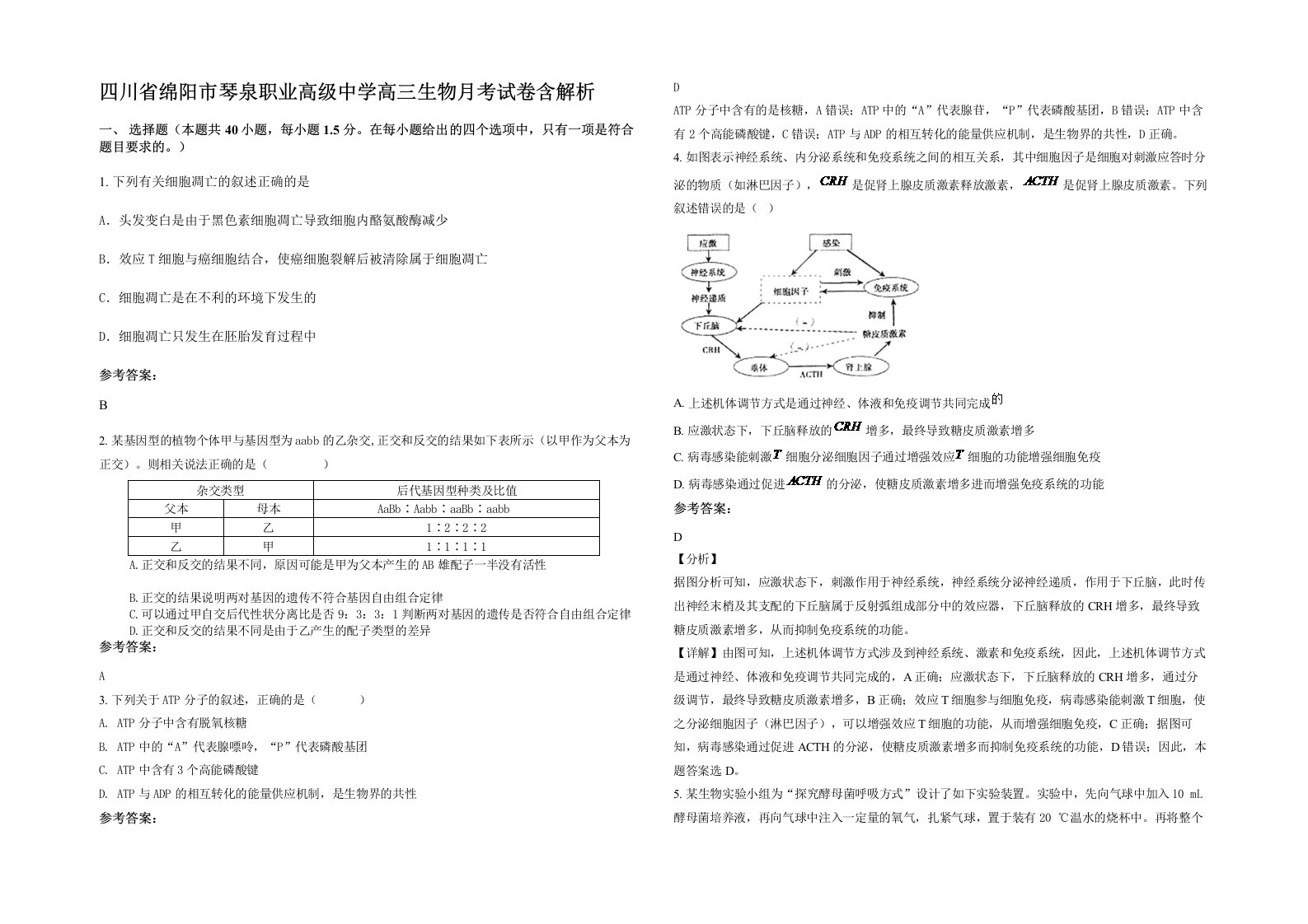 四川省绵阳市琴泉职业高级中学高三生物月考试卷含解析