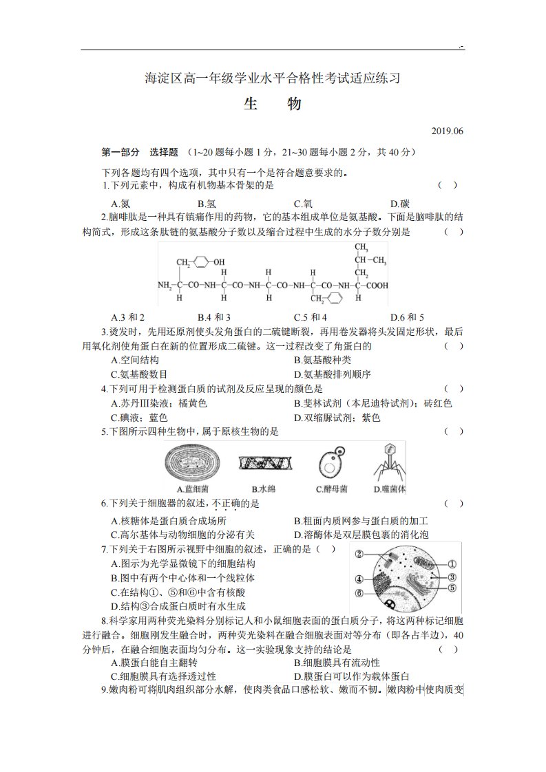 北京地区海淀区高一学业水平合格性考试适应练习进步生物试题