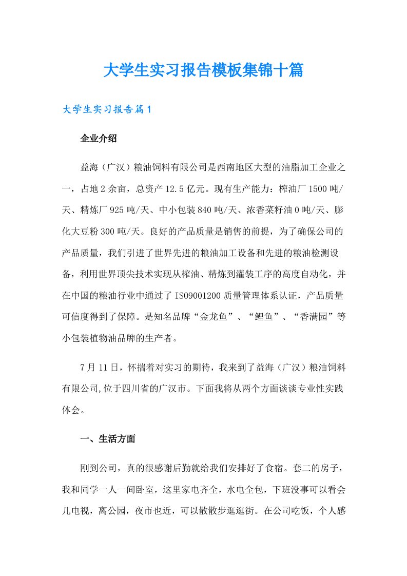 大学生实习报告模板集锦十篇