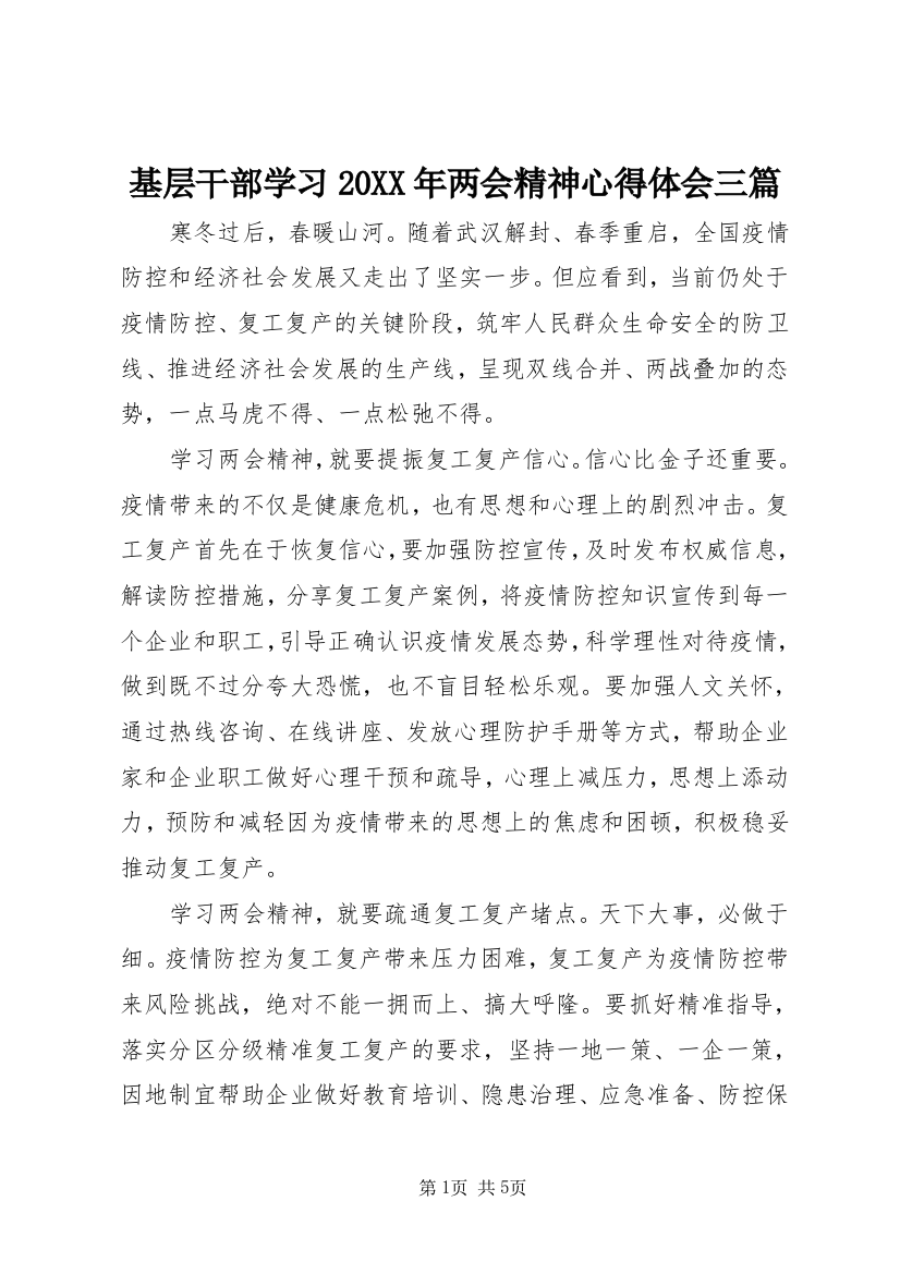 基层干部学习20XX年两会精神心得体会三篇