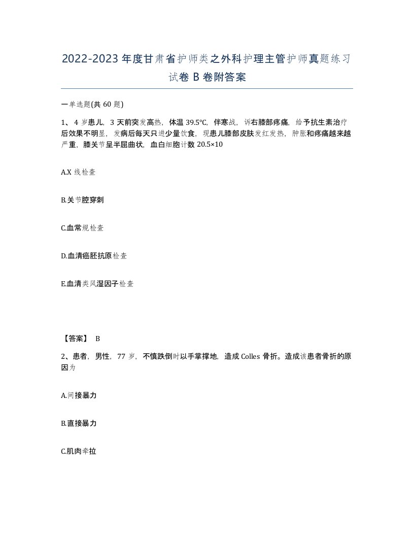 2022-2023年度甘肃省护师类之外科护理主管护师真题练习试卷B卷附答案