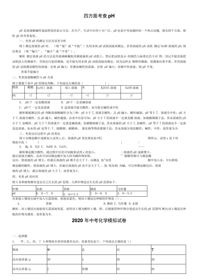 鲁教版九年级化学例题解析：四方面考查pH