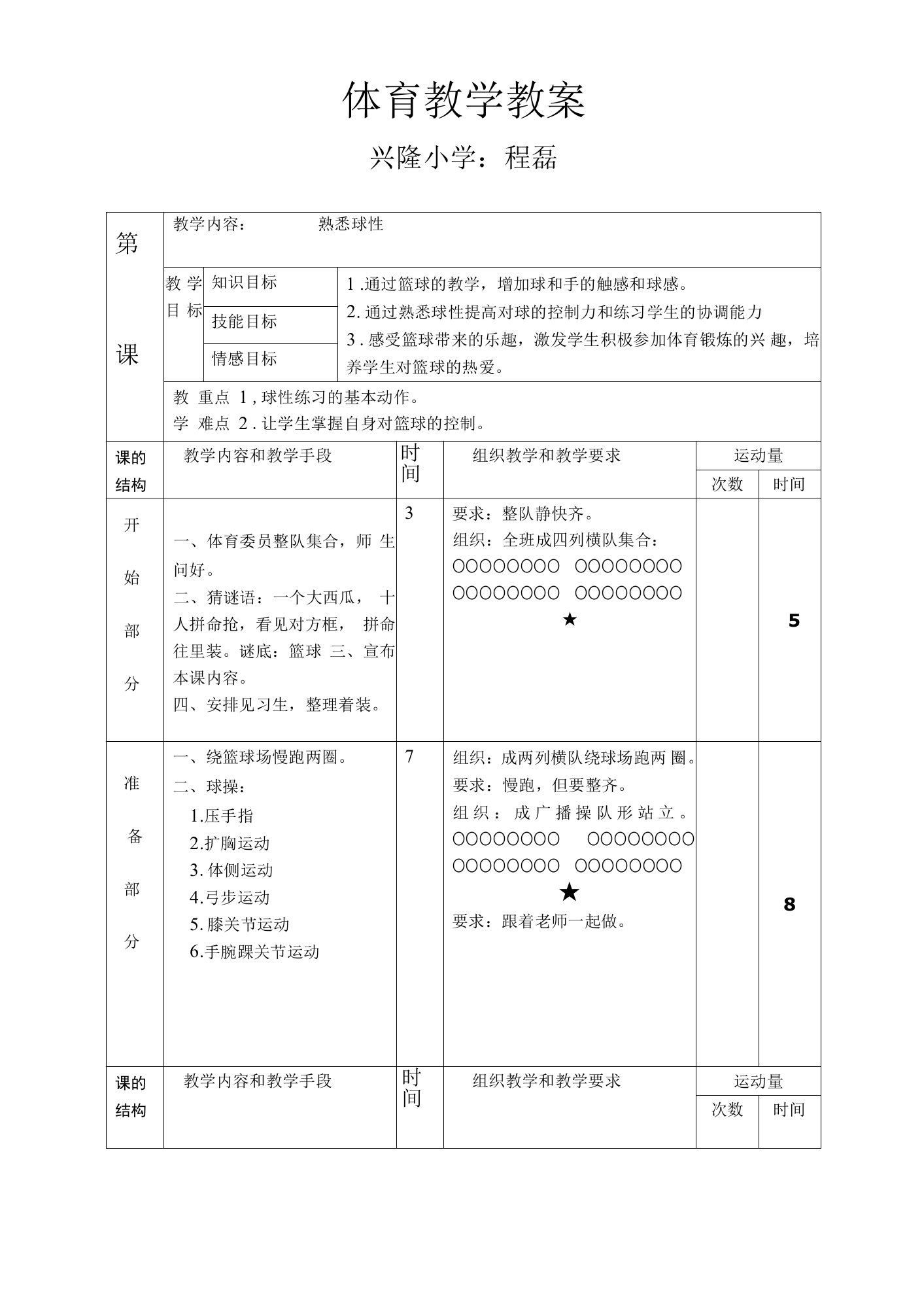 小学体育与健康人教3～4年级全一册第三部分体育运动技能篮球——熟悉球性教案程磊