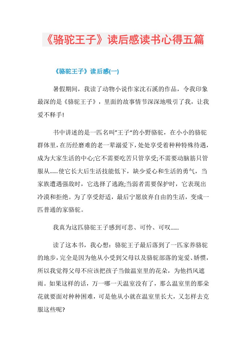 《骆驼王子》读后感读书心得五篇