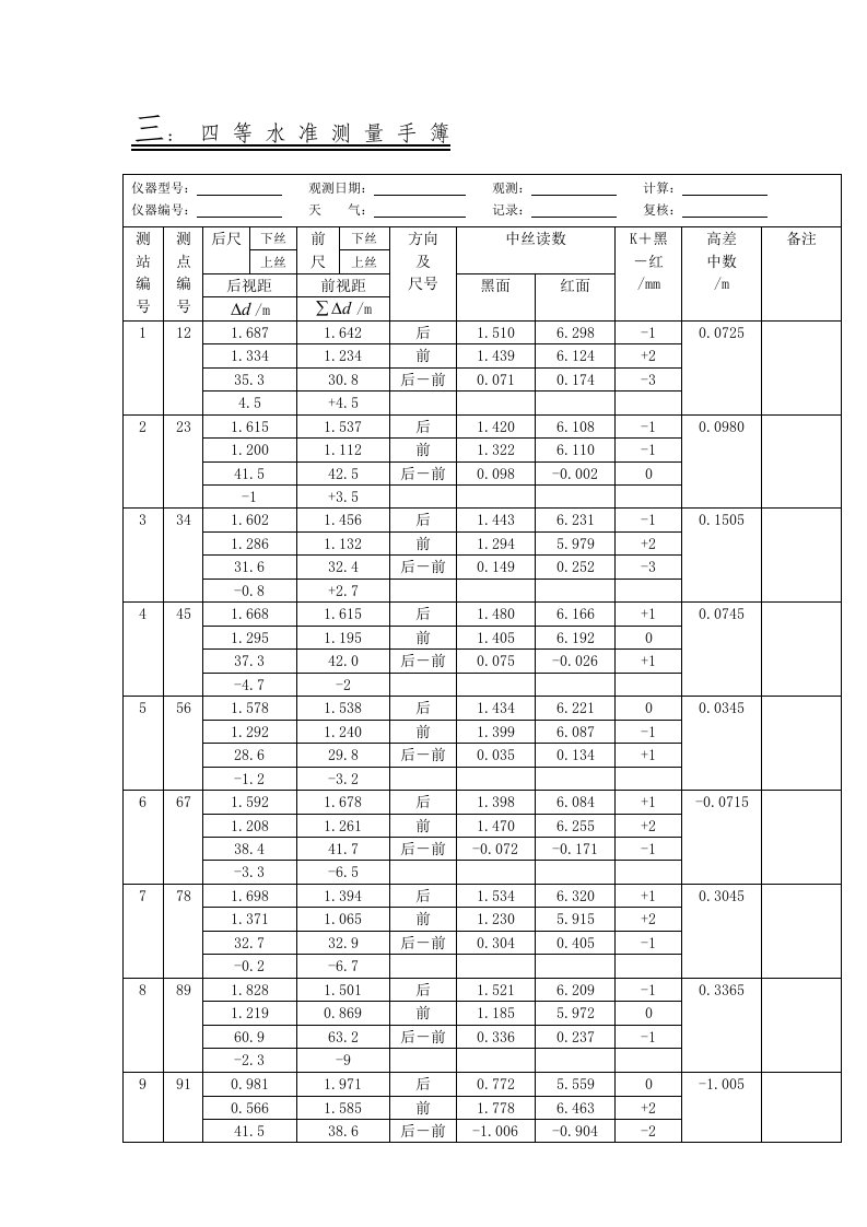 四等水准测量手簿