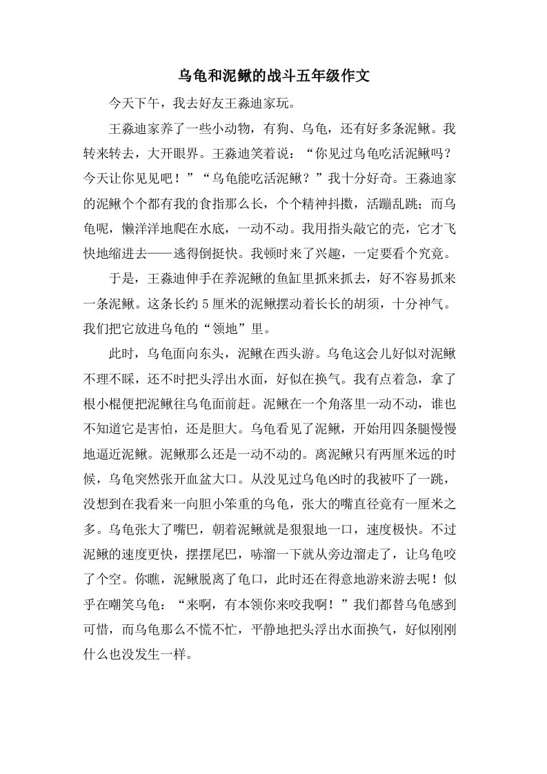 乌龟和泥鳅的战斗五年级作文