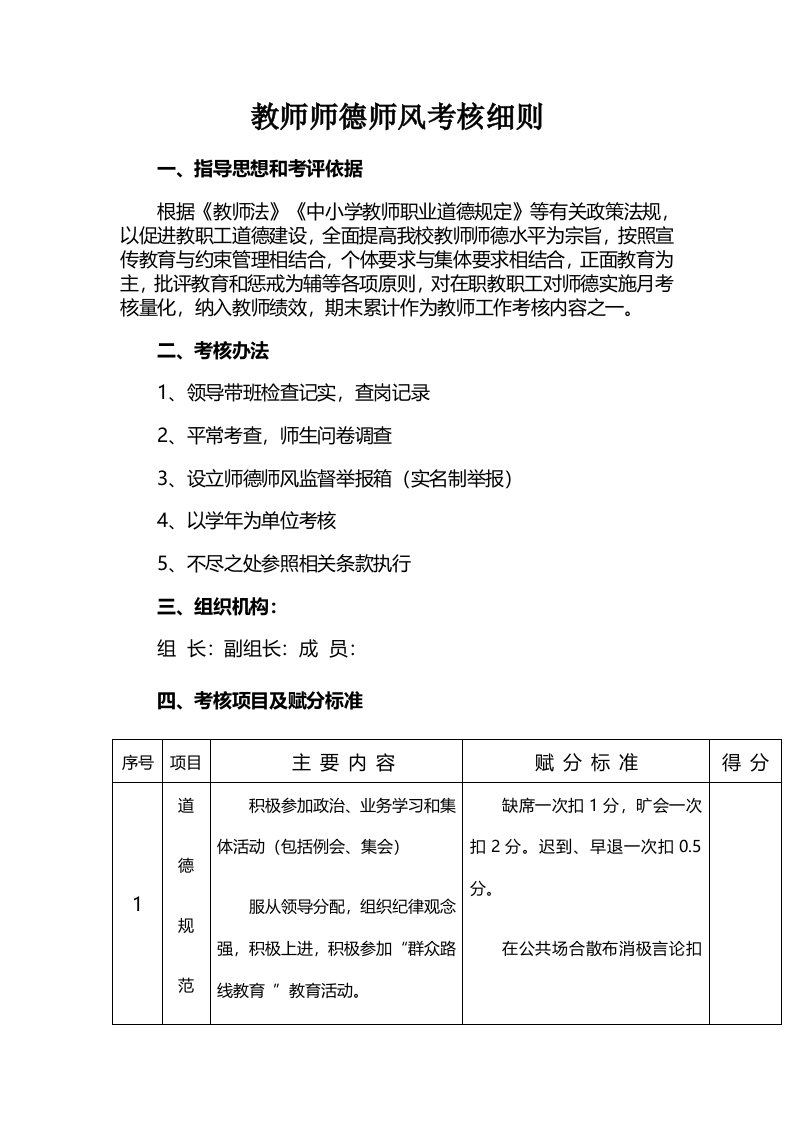 学校教师师德师风考核细则