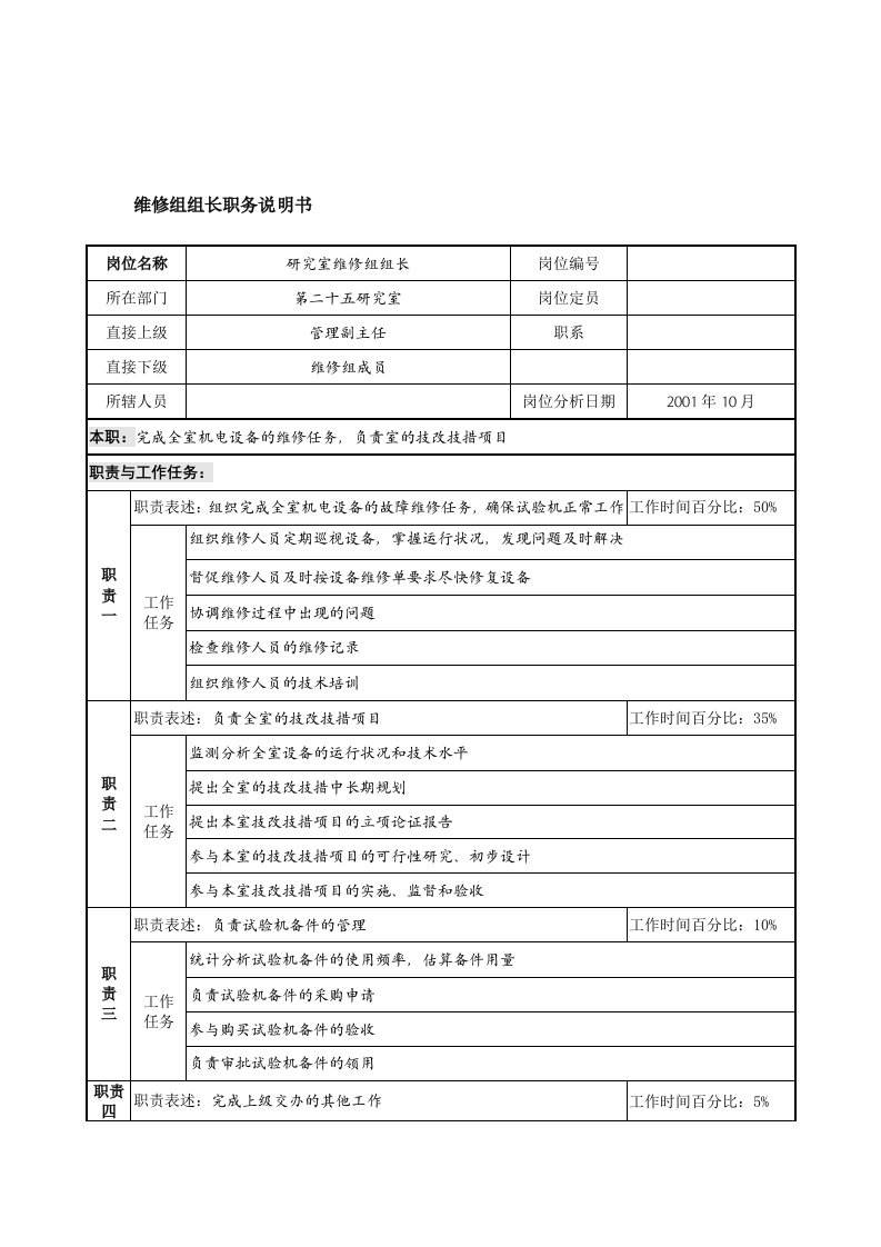 精选航材院第二十五研究室维修组组长职务说明书