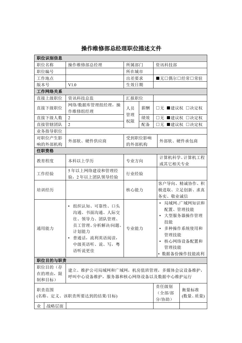 操作维修部总经理岗位说明书