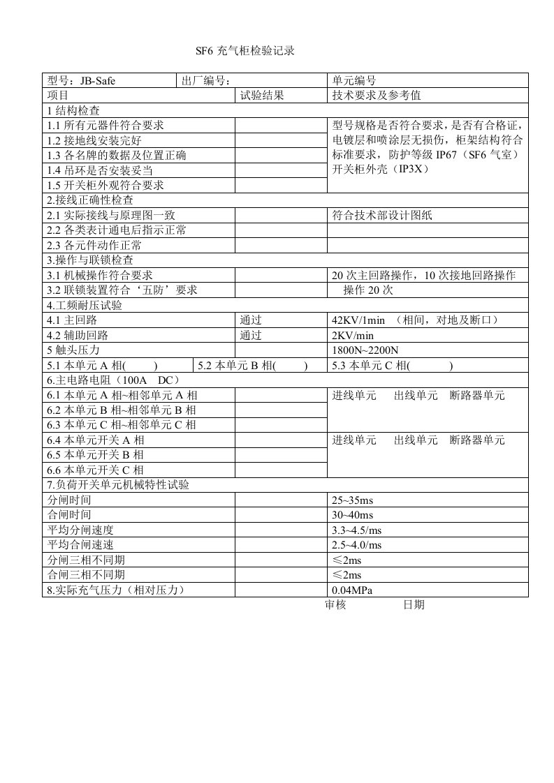 SF6充气柜检验记录