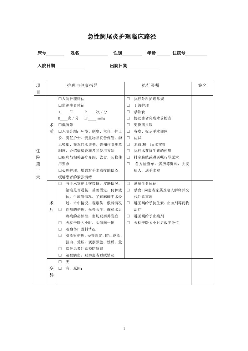 急性阑尾炎护理临床路径