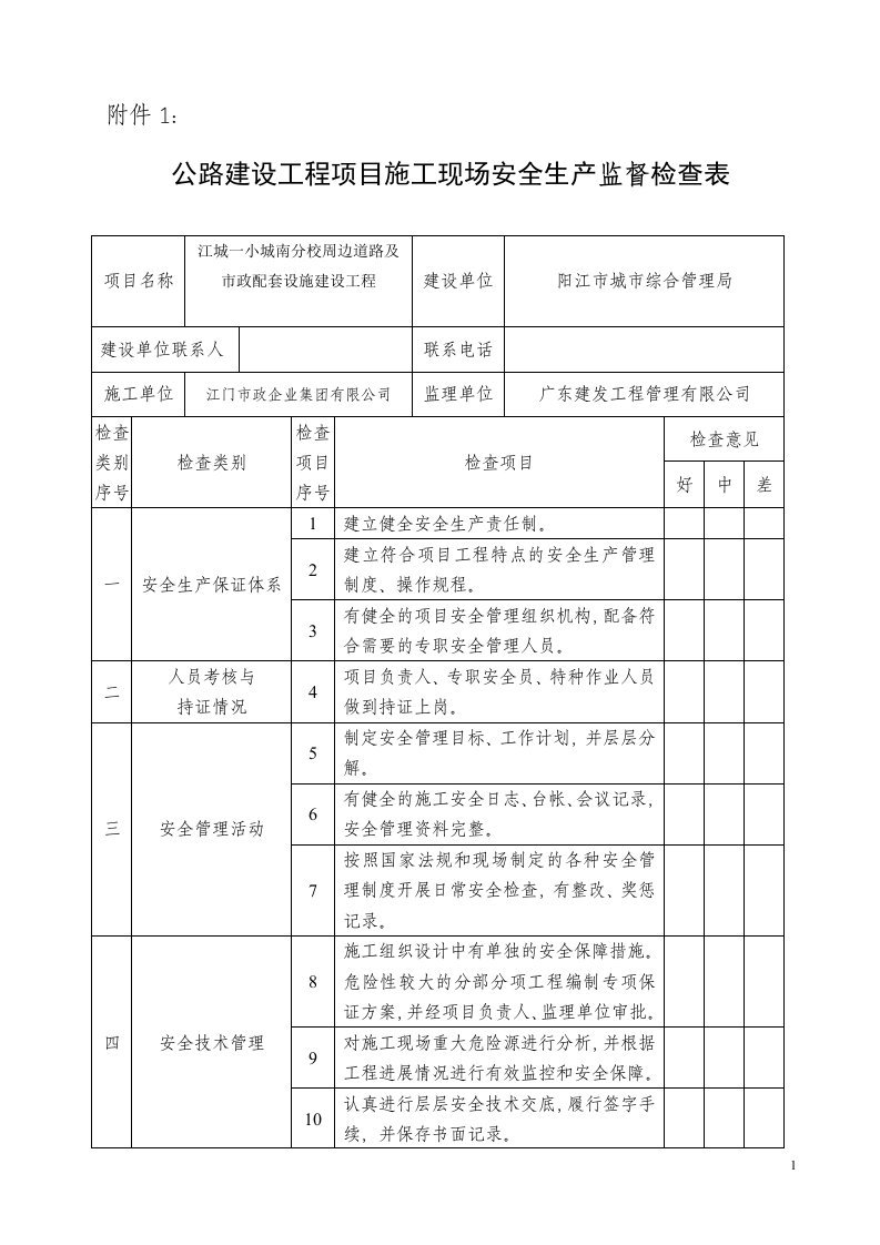 公路工程安全生产检查记录表(1)