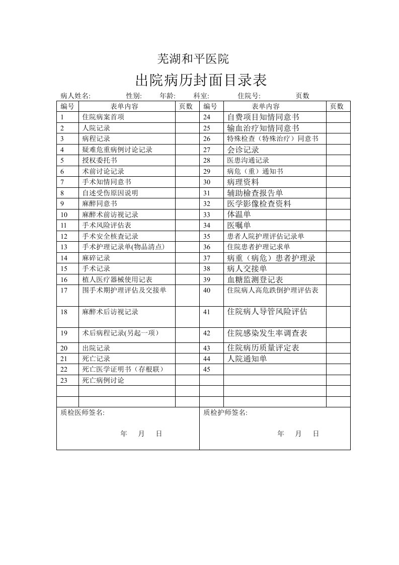 出院病历封面表