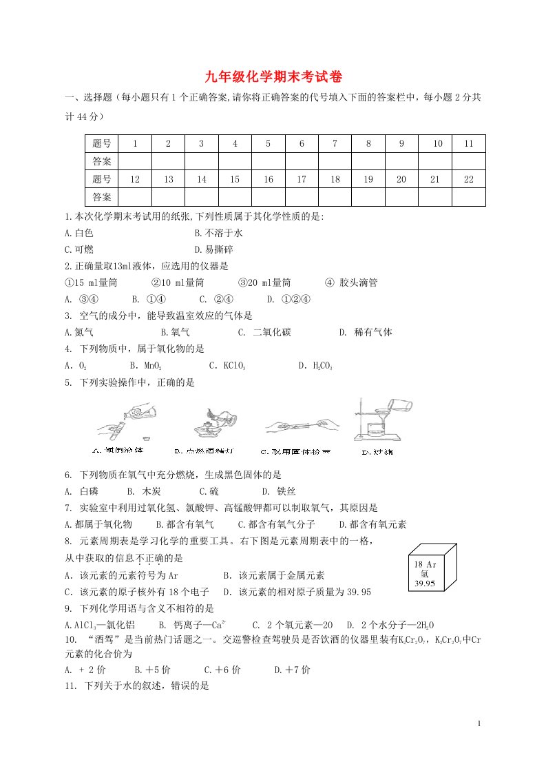 湖南省耒阳市南阳镇盐沙中学九级化学上学期期末考试试题