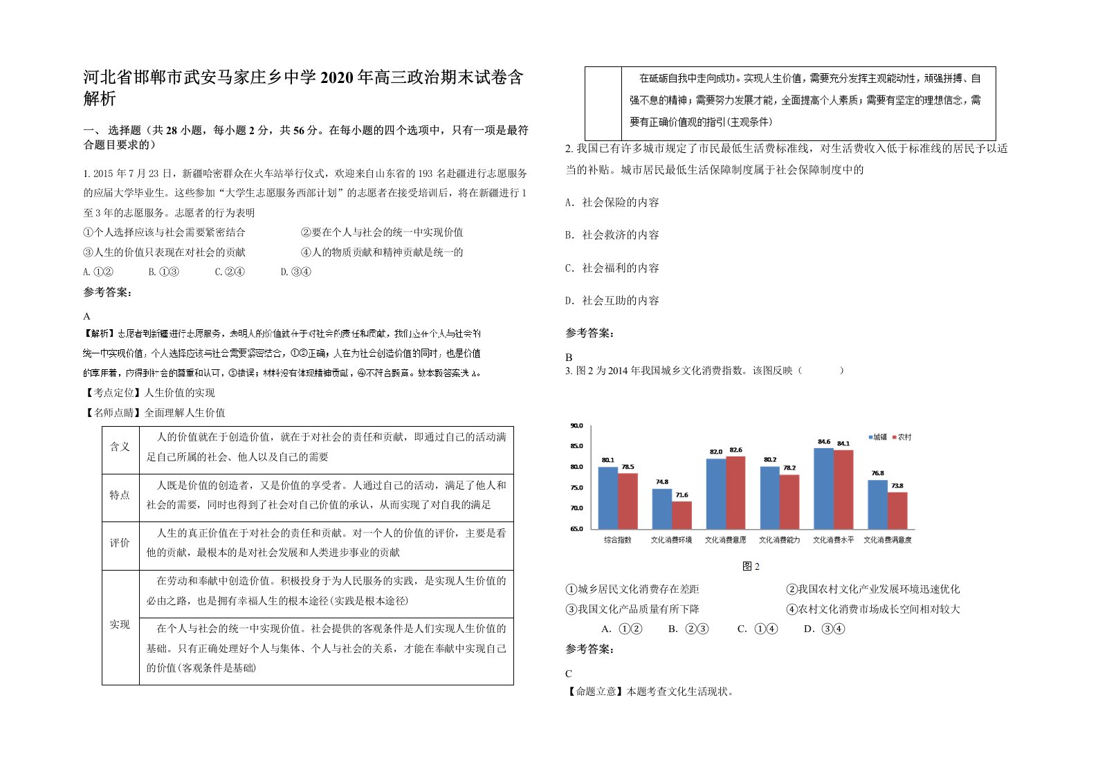 河北省邯郸市武安马家庄乡中学2020年高三政治期末试卷含解析