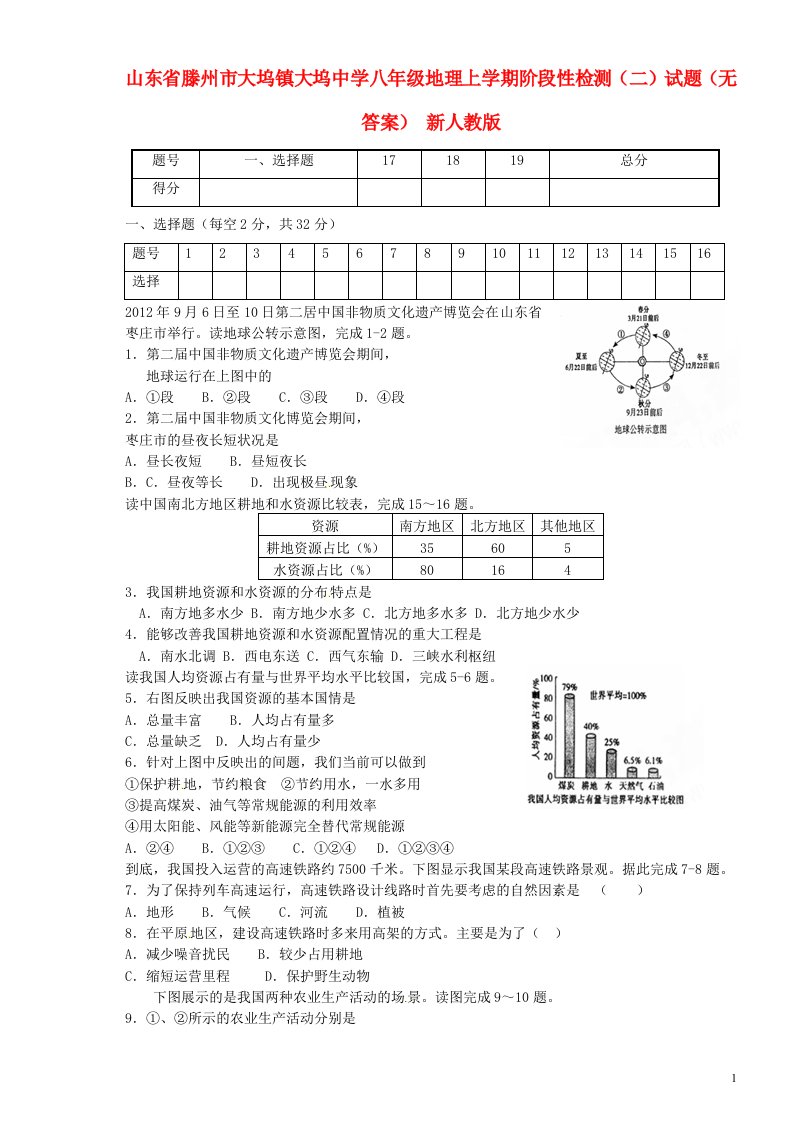 山东省滕州市大坞镇大坞中学八级地理上学期阶段性检测（二）试题（无答案）