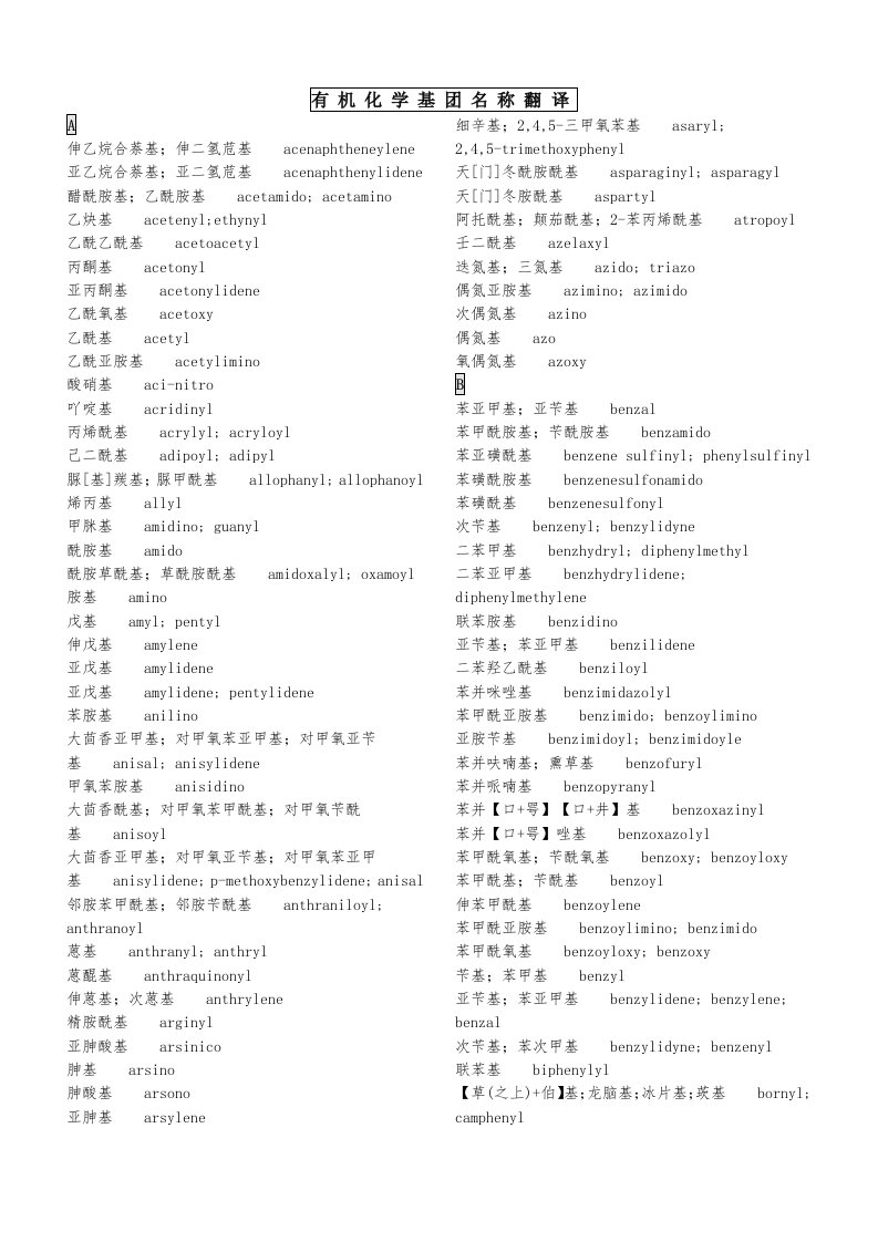 常见的有机化学基团名称翻译