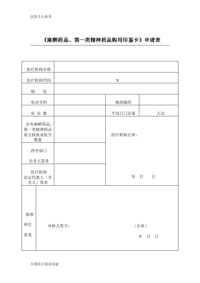 麻醉药品第一类精神药品购用印鉴卡申请表