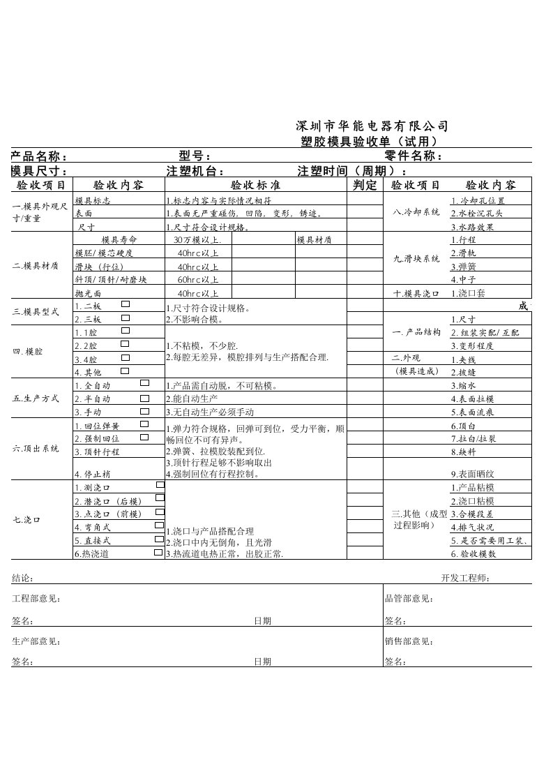 塑胶模具验收单--验收标准