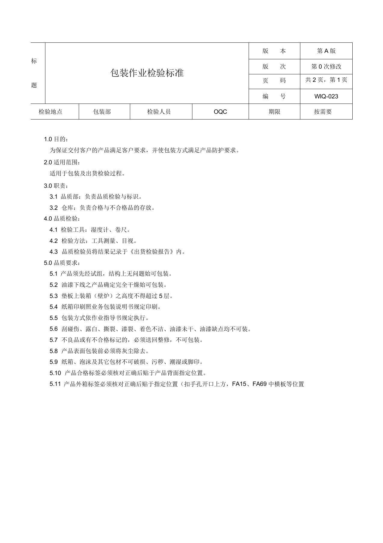 家具厂各种制程作业检验标准