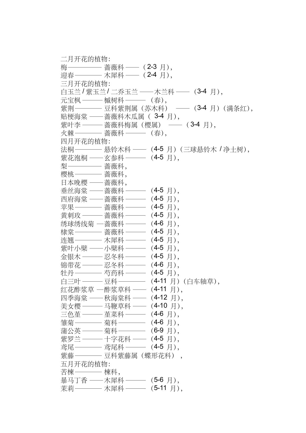 北方植物花期表