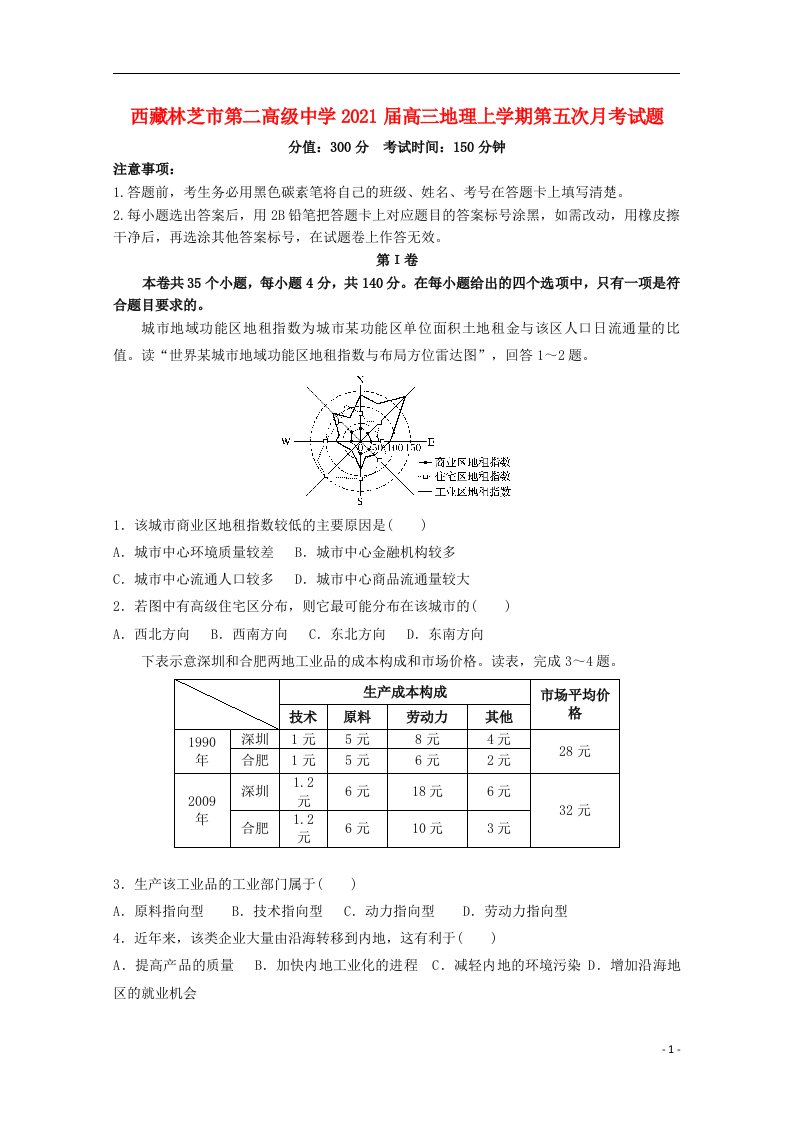 西藏林芝市第二高级中学2021届高三地理上学期第五次月考试题