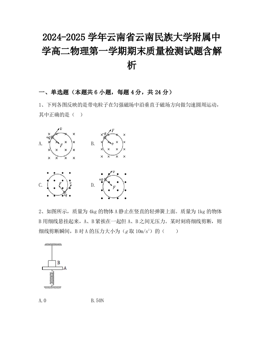 2024-2025学年云南省云南民族大学附属中学高二物理第一学期期末质量检测试题含解析