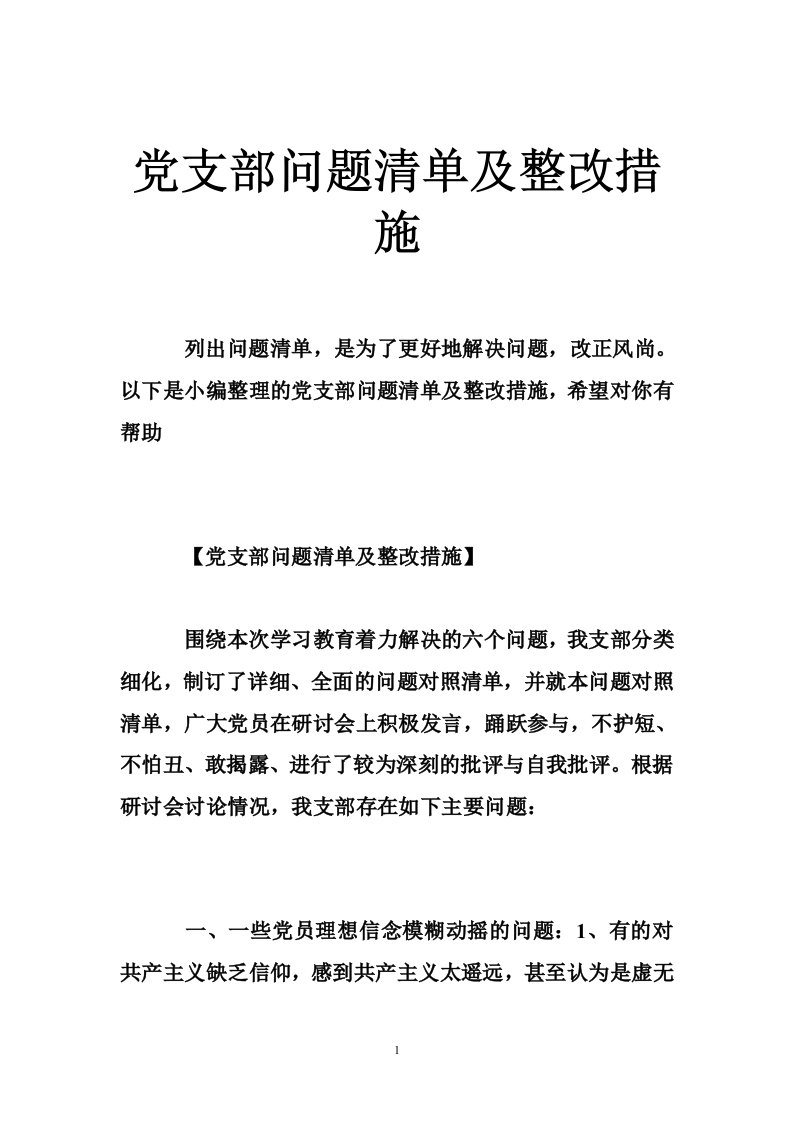 党支部问题清单及整改措施