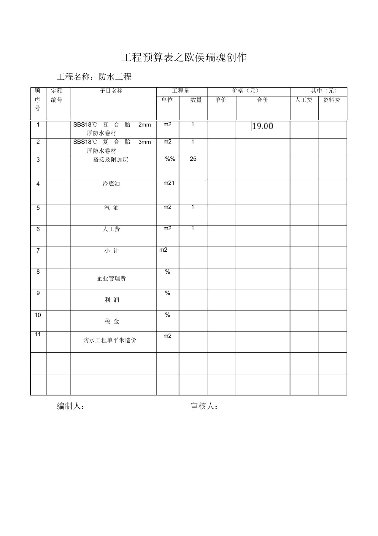 防水工程预算表