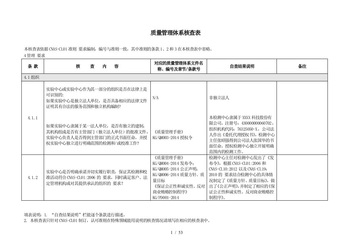 CNAS质量管理体系核查表