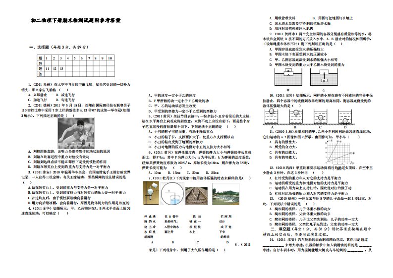 部编人教版初中八年级物理下册期末试卷及答案