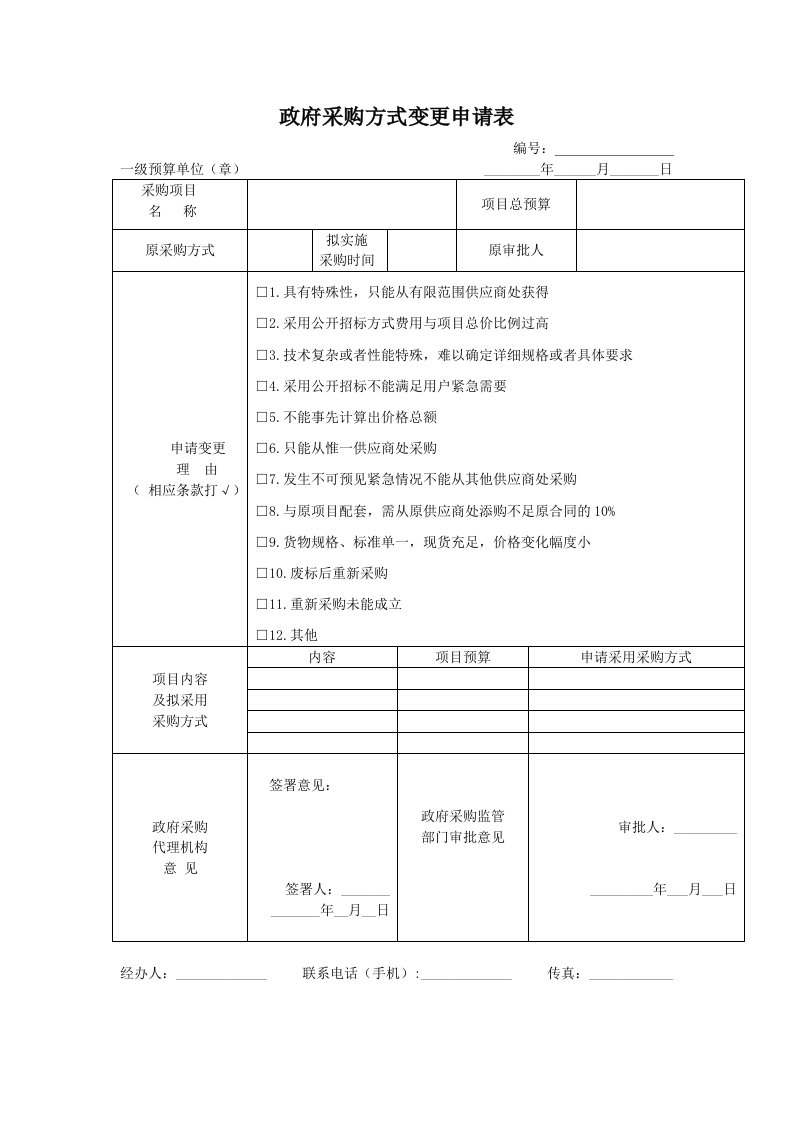 湖北武汉政府采购方式变更申请表