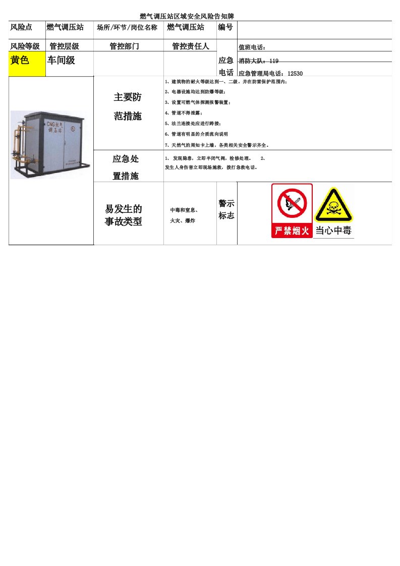 燃气调压站区域安全风险告知牌