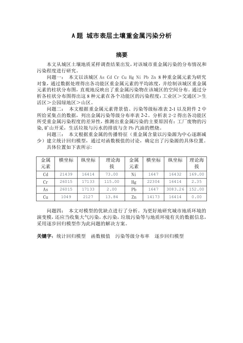 城市表层土壤重金属污染分析