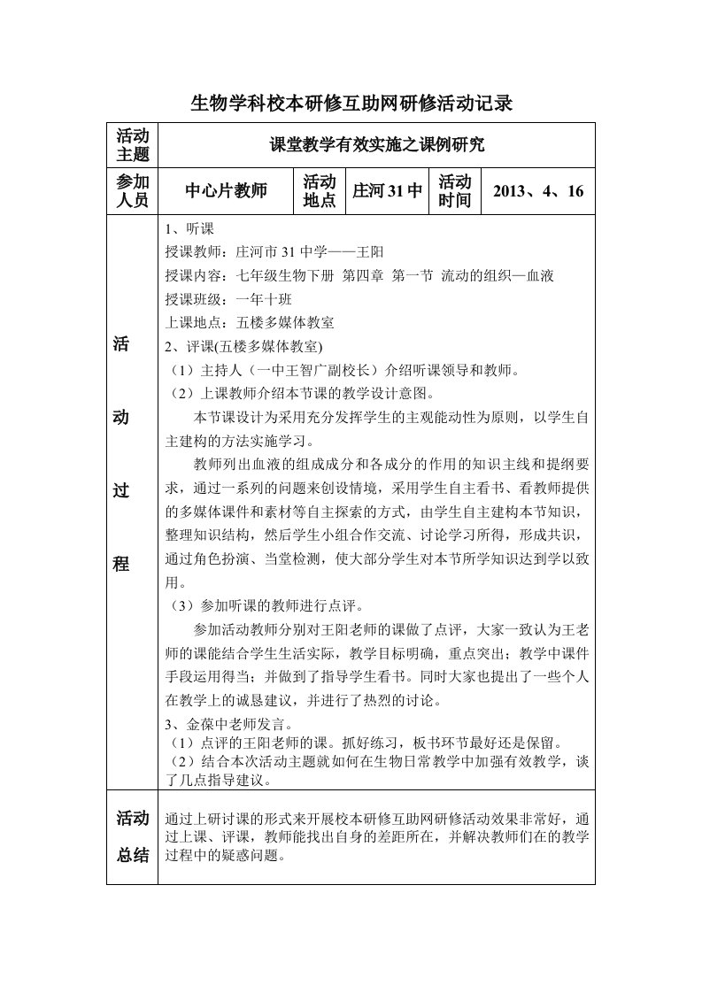 生物学科校本研修互助网研修活动记录