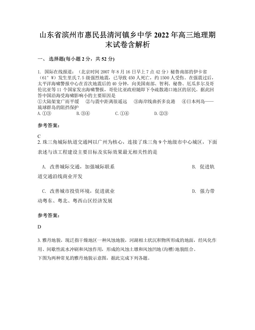 山东省滨州市惠民县清河镇乡中学2022年高三地理期末试卷含解析