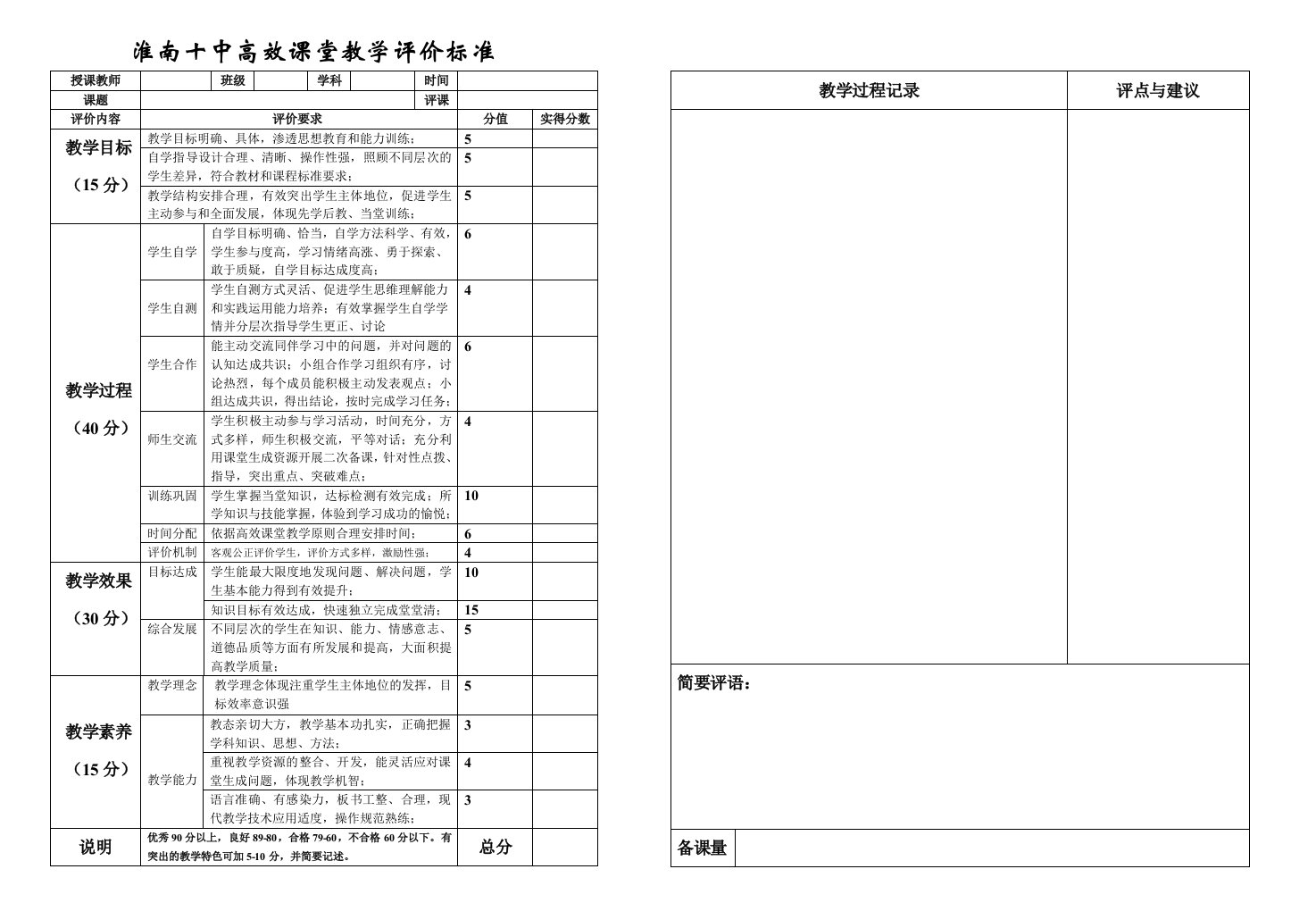 高效课堂评课标准