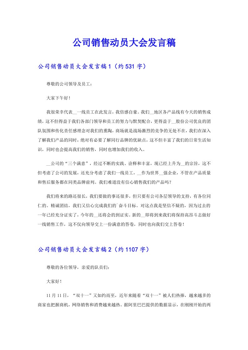 公司销售动员大会发言稿