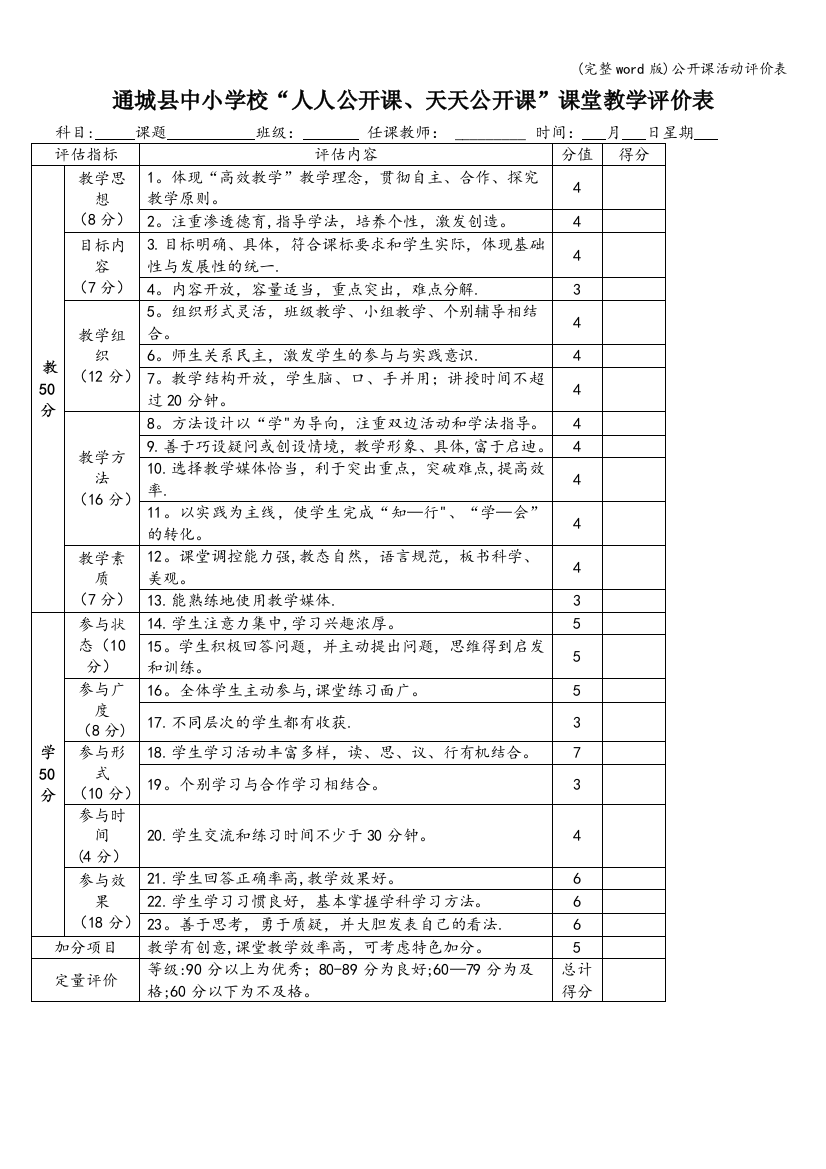 公开课活动评价表