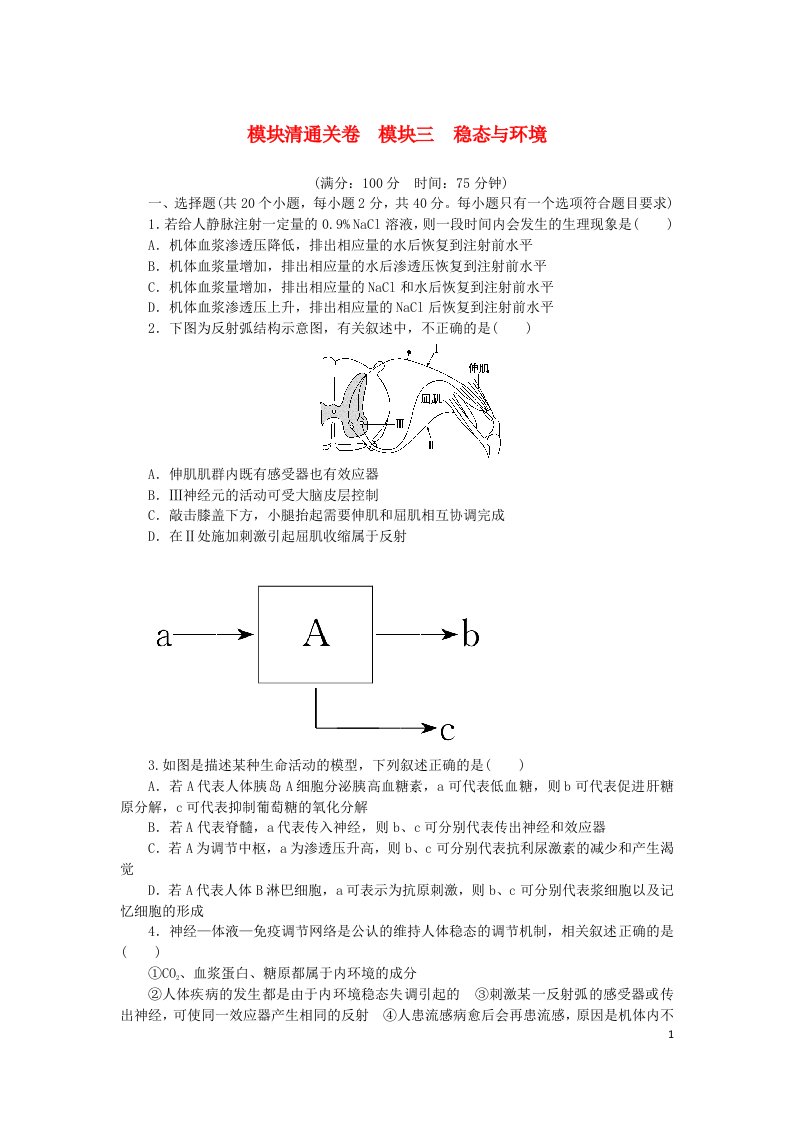 2024版新教材高考生物复习特训卷模块清通关卷模块三稳态与环境