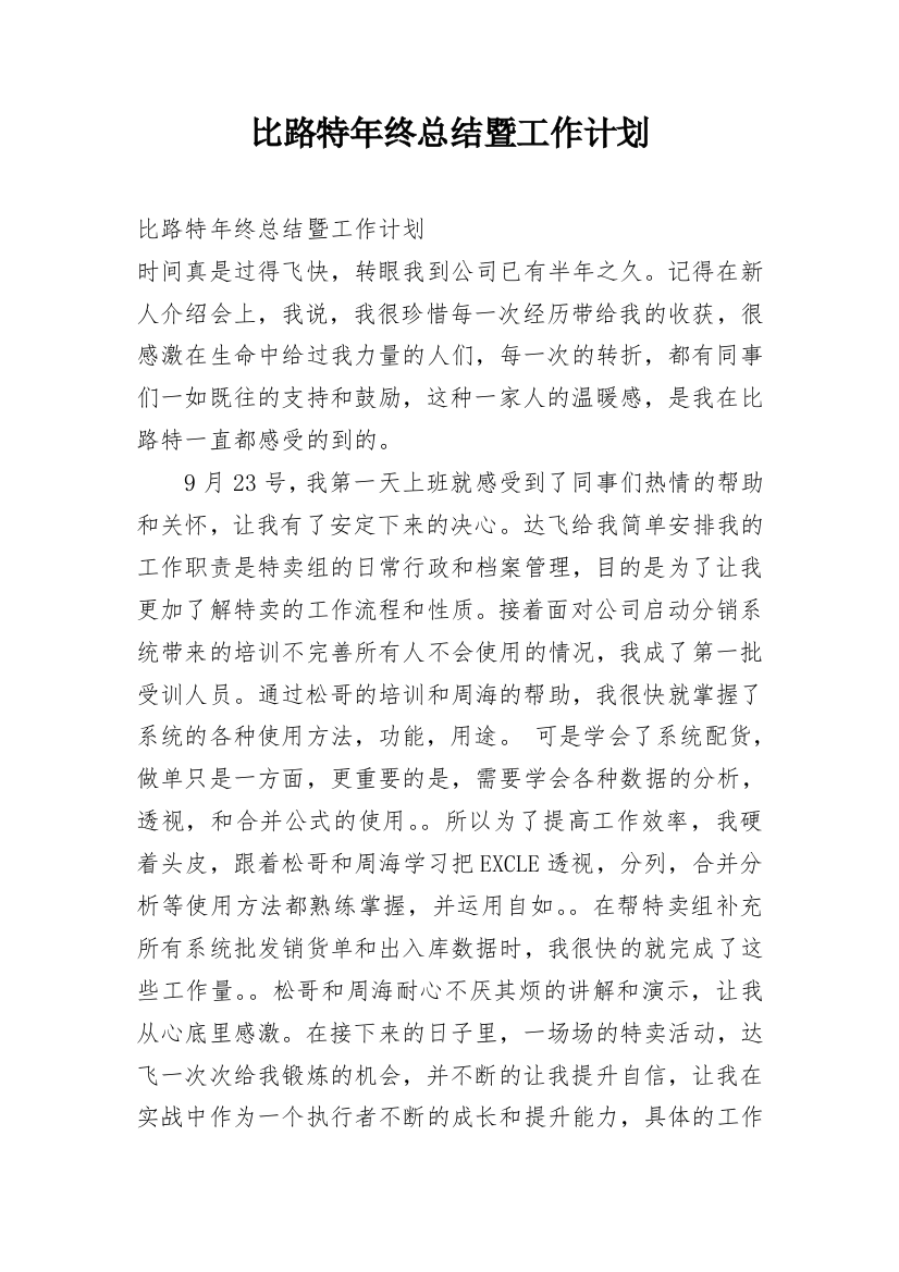 比路特年终总结暨工作计划