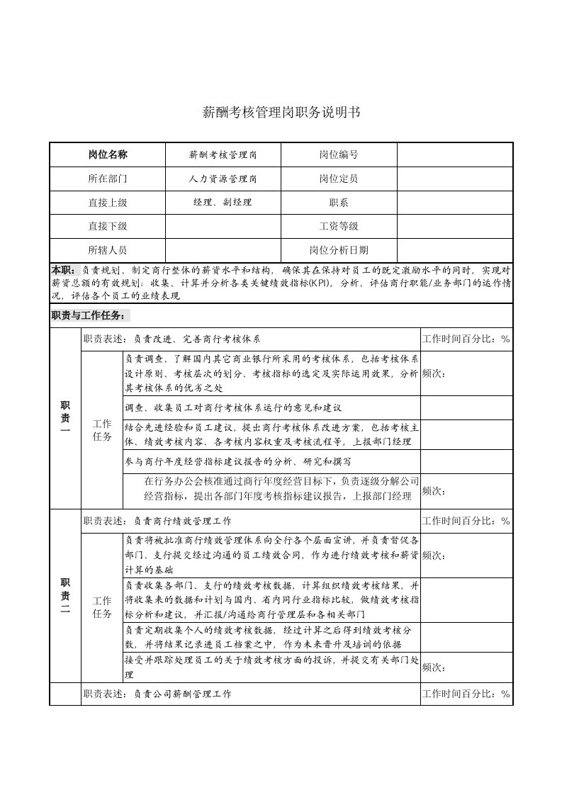 薪酬考核管理岗职务说明书