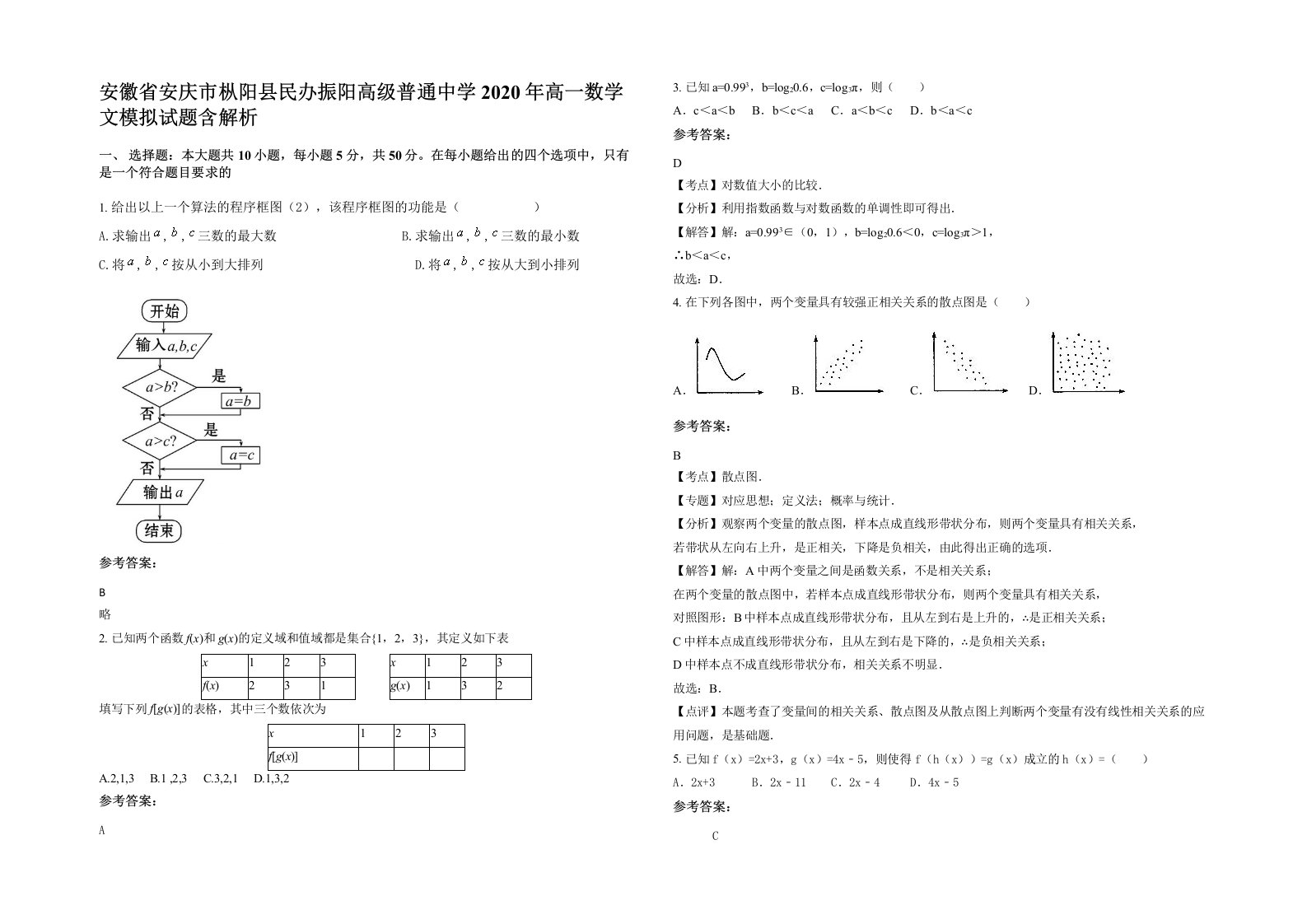 安徽省安庆市枞阳县民办振阳高级普通中学2020年高一数学文模拟试题含解析