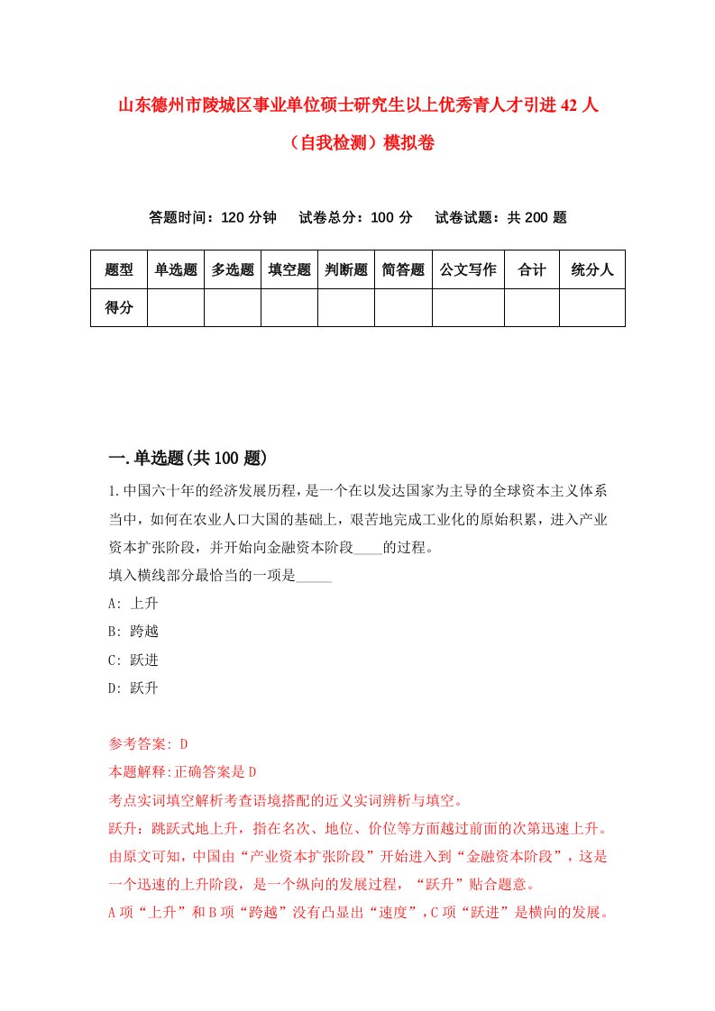 山东德州市陵城区事业单位硕士研究生以上优秀青人才引进42人自我检测模拟卷第0卷