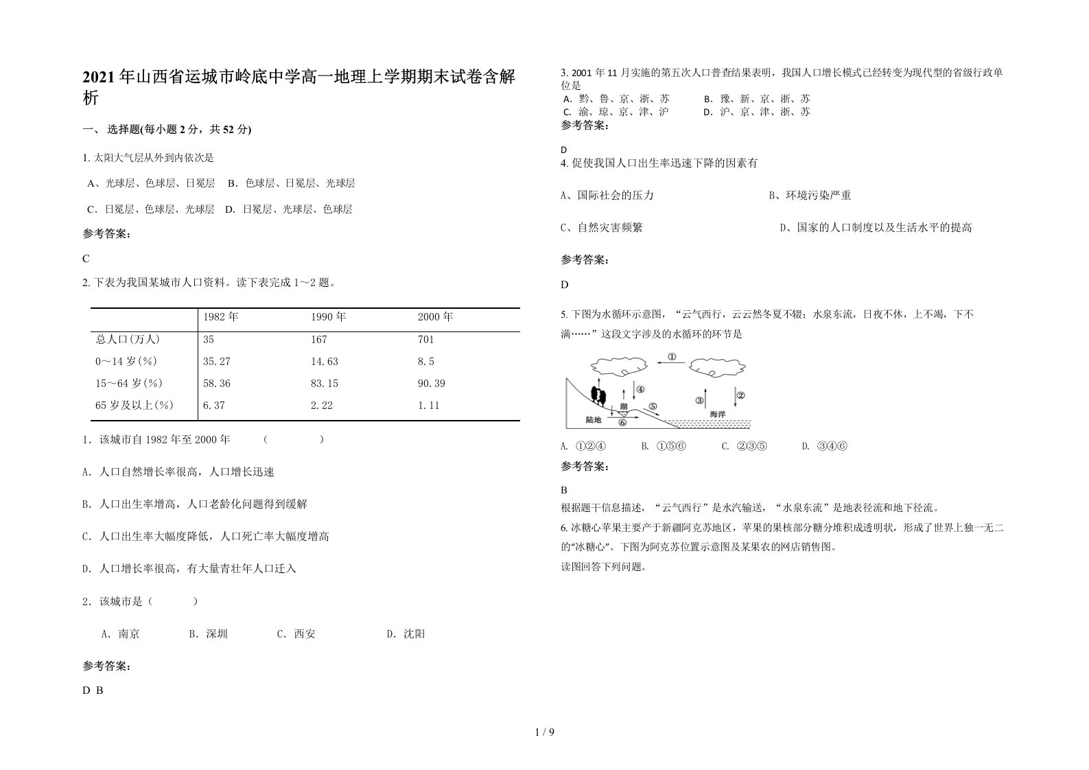 2021年山西省运城市岭底中学高一地理上学期期末试卷含解析