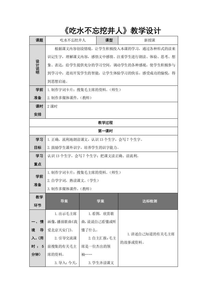 (部编)人教语文一年级下册《吃水不忘打井人》教学设计